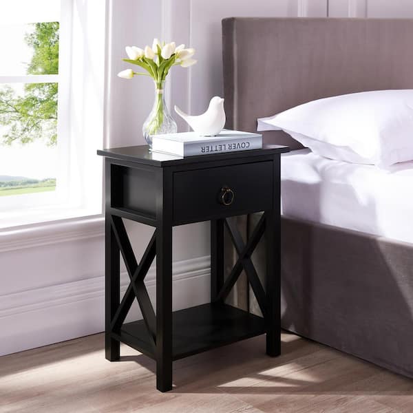 MAYKOOSH 16 in. Black Wooden Rectangle End Table with Drawer and Shelf-Slim Nightstand for Bedrooms and Small Spaces