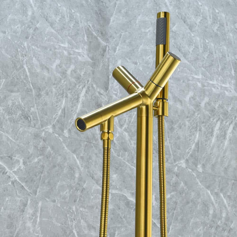 Brushed Gold Stainless Steel Freestanding Tub Filler with Handshower