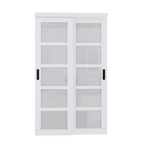 48 in. x 80 in. 5-Lite Frosted Glass Primed White MDF Closet Sliding Door No Grooving Black Handles and Hardware