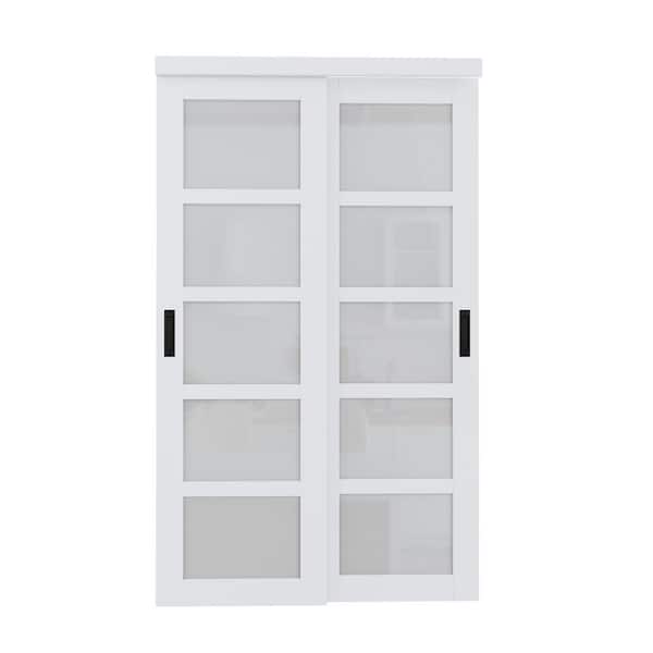48 in. x 80 in. 5-Lite Frosted Glass Primed White MDF Closet Sliding Door No Grooving Black Handles and Hardware