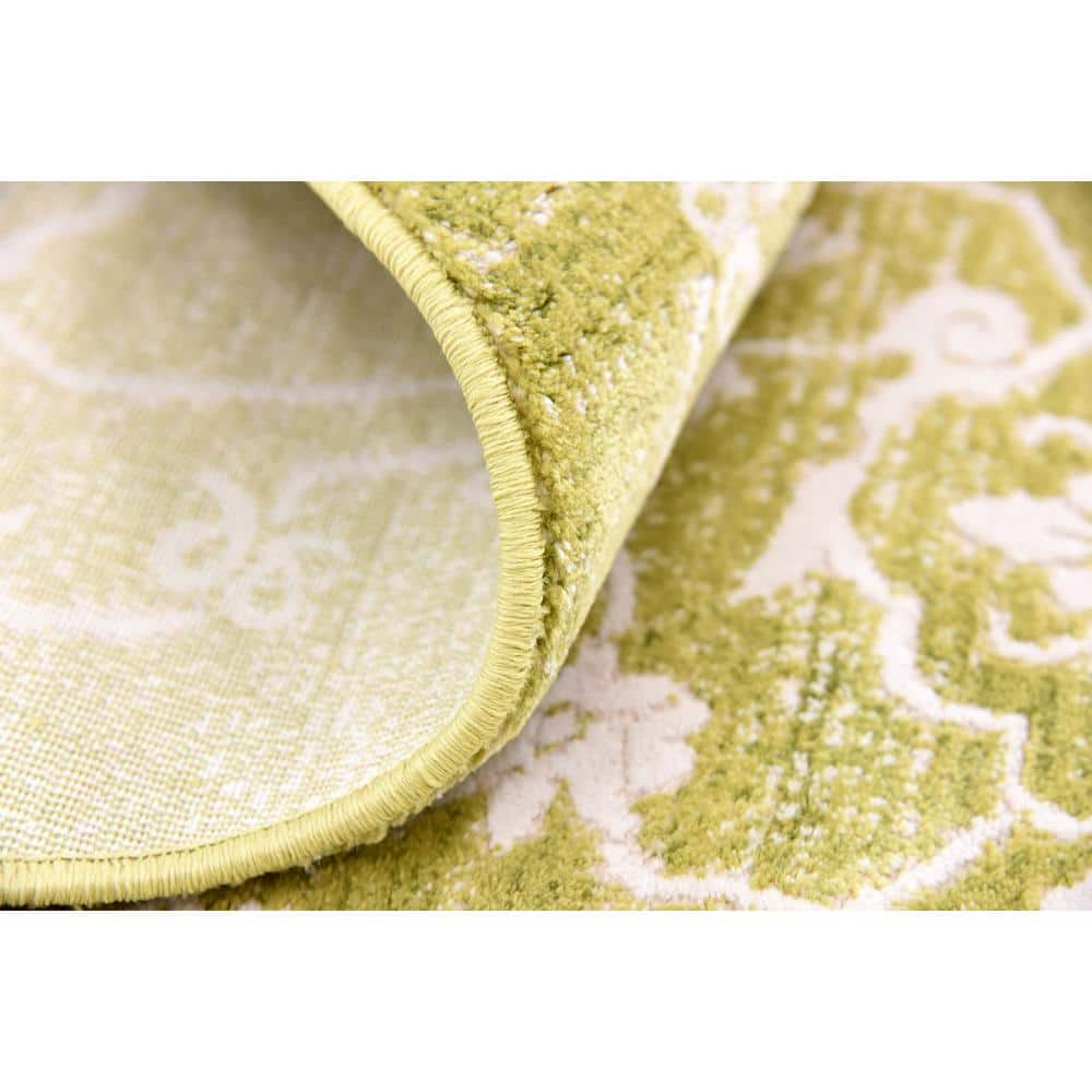 Round Light Green Abstract Synthetic Easy Care Rug