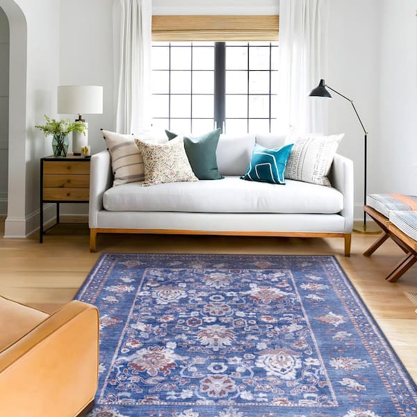 Blue 8 ft. x 10 ft. Stain Free Floral Washable Indoor Area Rug