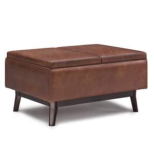 Owen 34 in. Wide Mid Century Modern Rectangle Tray Top Coffee Table Storage Ottoman in Distressed Saddle Brown