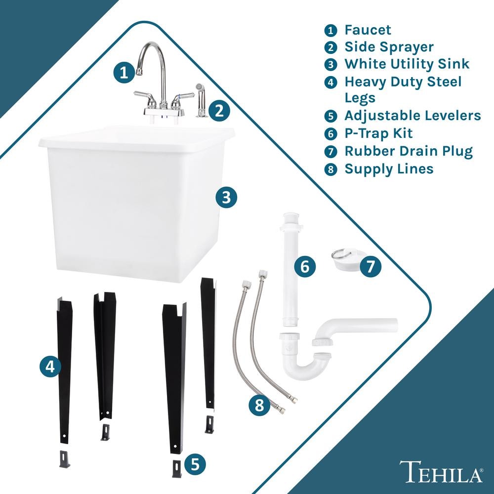 White Freestanding Utility Sink with Chrome Faucet and Sprayer