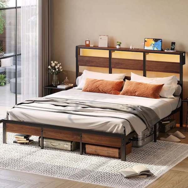 Brown Metal Frame King Platform Bed with Storage Headboard, LED Lights and USB Charging Station