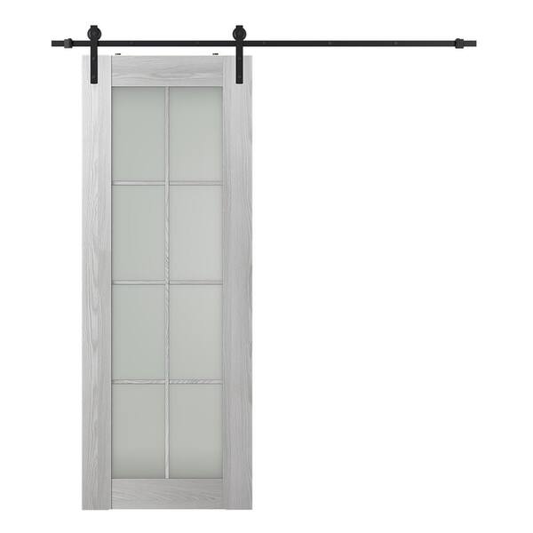 Belldinni Vona 8-Lite 24 in. x 96 in. Frosted Glass Ribeira Ash Finished Composite Core Wood Sliding Barn Door with Hardware Kit