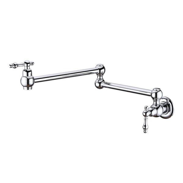 FLG Wall Mounted Pot Filler Double Handle Kitchen Faucet Folding Brass Swing Arm Modern Commercial Taps in Polished Chrome