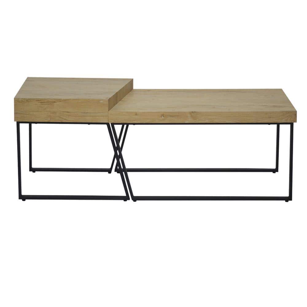 Oak Brown Rectangular Coffee Table with Black Metal Frame and Storage