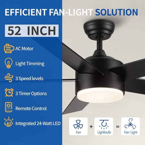 PUDO 52 in. Integrated LED Indoor Black Ceiling Fan Lighting