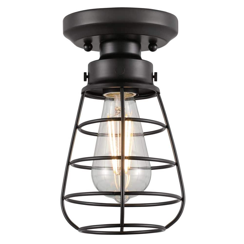 Matte Black Industrial Cage Semi-Flush Mount Ceiling Light