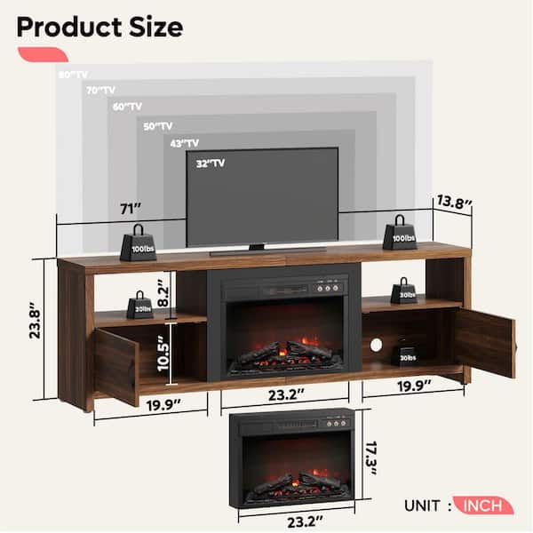 70.87 in. Freestanding LED Fireplace TV Stand Fits TV's Up to 80 in. Entertainment Center and Cabinets Walt