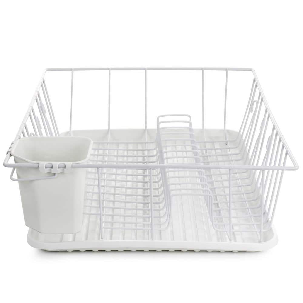 White Metal Single Level Dish Rack with Utensil Cup