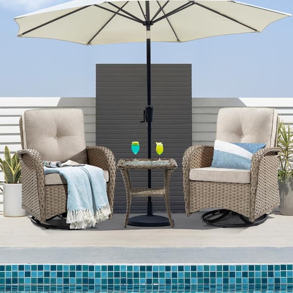 Gardenbee 3-Pcs Light Brown Wicker Outdoor Rocking Chair Patio Conversation Set Swivel Chairs with Beige Cushions and Table