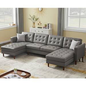 122 in. W Square Arm 3-Piece Faux Leather 6-Seater U Shaped Modern Chaise Sectional Sofa with Pillows in Dark Gray
