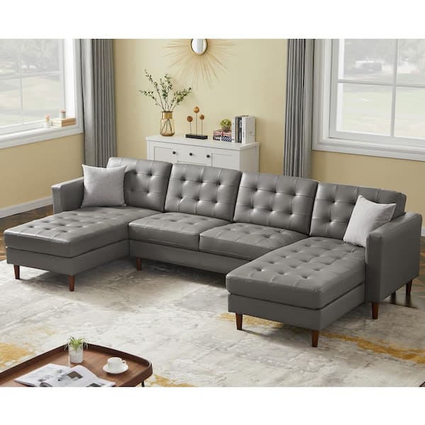 KINWELL 122 in. W Square Arm 3-Piece Faux Leather 6-Seater U Shaped Modern Chaise Sectional Sofa with Pillows in Dark Gray