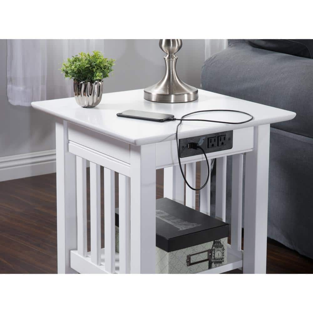 White Mission End Table with Charging Station