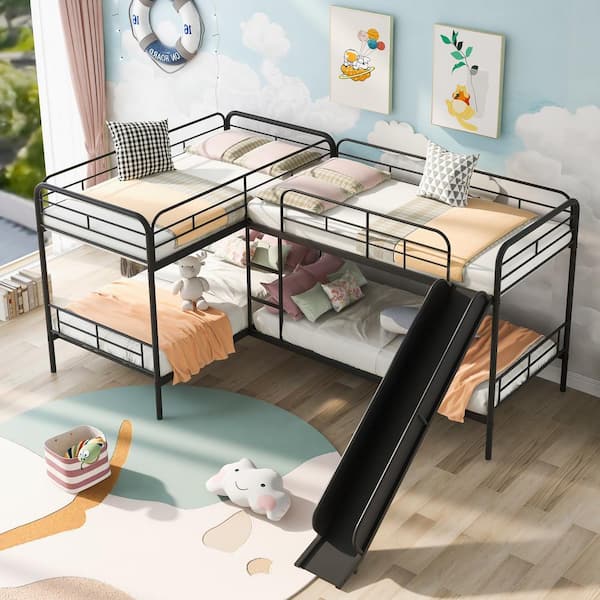 URTR Black Quad Bunk Bed with Slide, Metal Twin Over Twin L-Shaped Bunk Bed  Frame for 4, Twin Size Bunk Bed with Ladders T-01284-B - The Home Depot