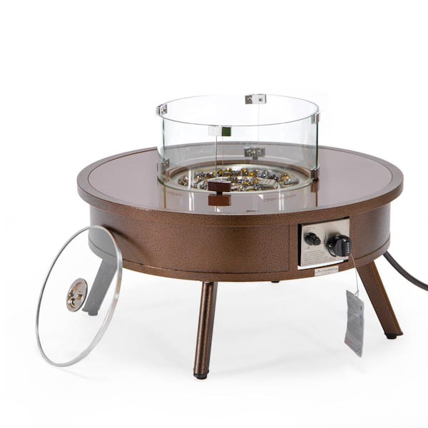 Leisuremod Walbrooke Modern Brown Patio Round Fire Pit Table with Aluminum Frame