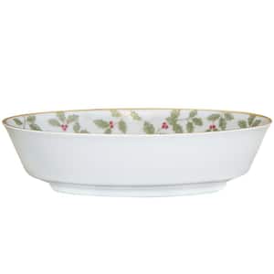 Holly and Berry Gold 9.75 in. 32 fl. oz. (White) Porcelain Serving Bowl (oval)