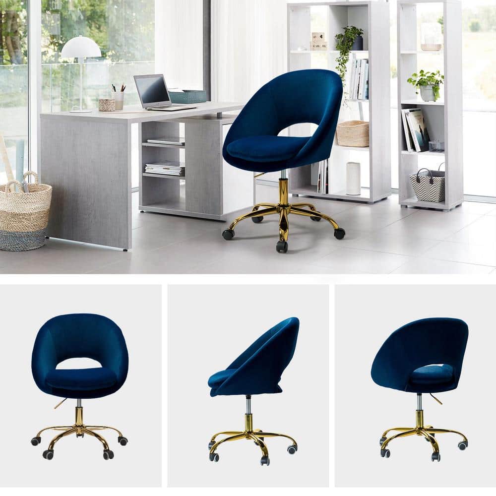 Ergonomic Navy Velvet Swivel Task Chair with Gold Metal Base