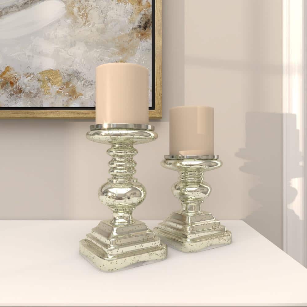 Elegant Silver Mercury Glass Pillar Candle Holder Set, 9" & 7"H