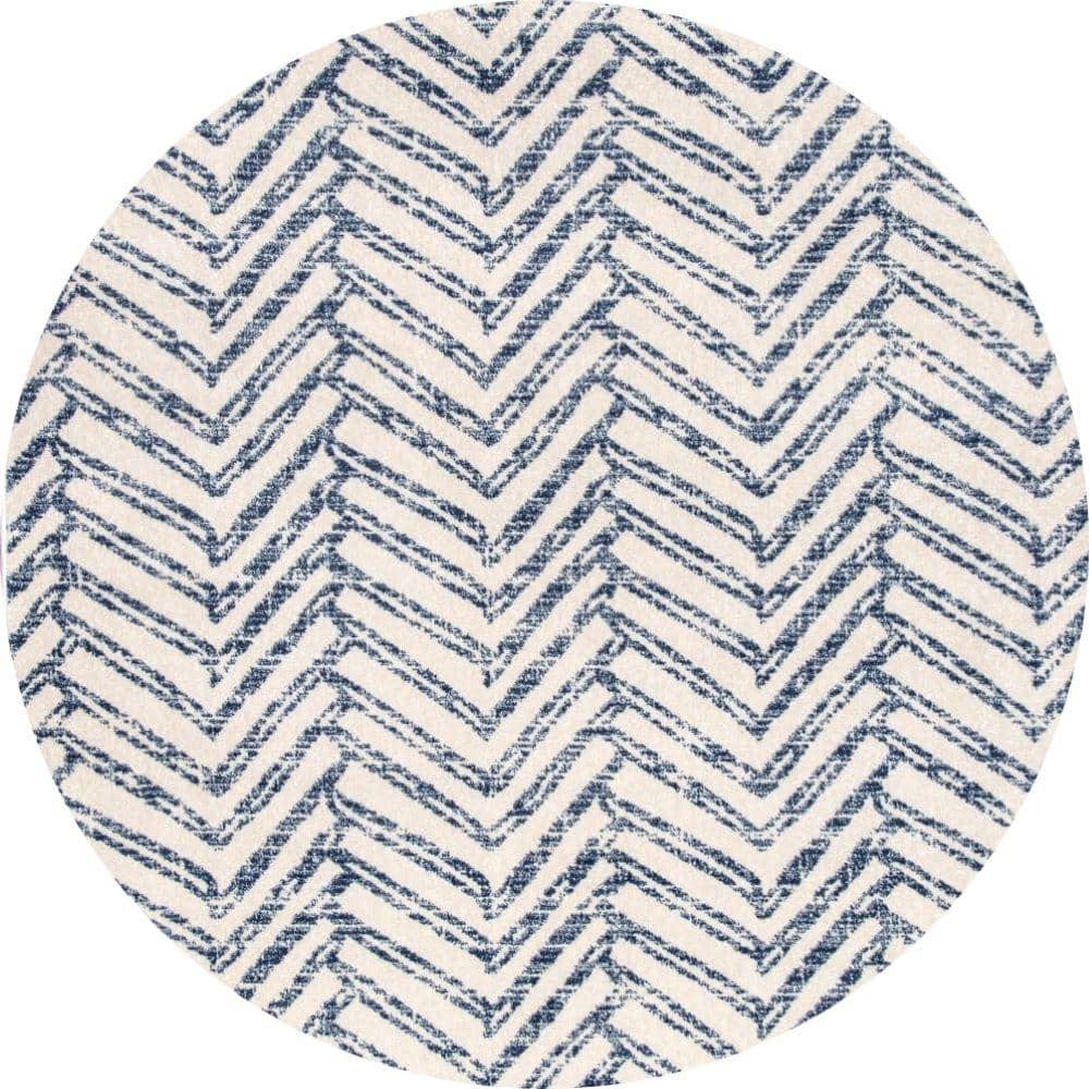 Reversible Geometric Blue Round Easy-Care Synthetic Rug