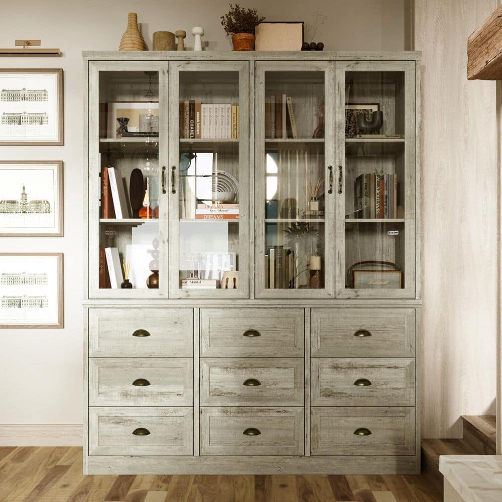 FUFU&GAGA 78.7 in. Tall Gray Wood 6-Shelf Accent Bookcase with 4