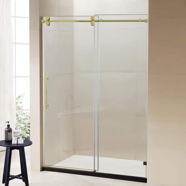60 in. W x 76 in. H Fixed and Sliding Frameless Shower Door in Gold Finish with Tempered Glass
