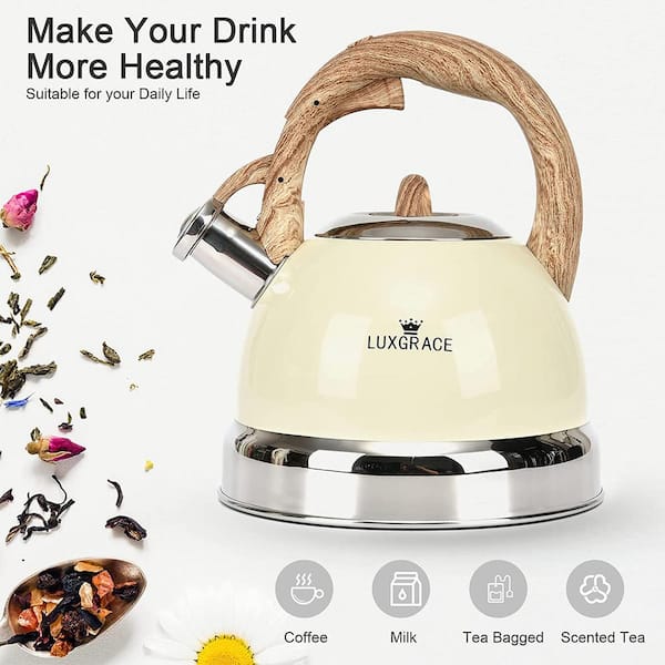 Creative Home 2.6 qt. Stainless Steel Whistling Tea Kettle Teapot with Folding Wood Touching Handle Aluminum Capsulated Bottom for Fast Boiling Heat W