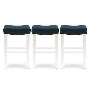 Jameson 29 in. Bar Height Antique White Wood Backless Nail Head Trim Barstool, Navy Blue Linen Saddle Seat (Set of 3)