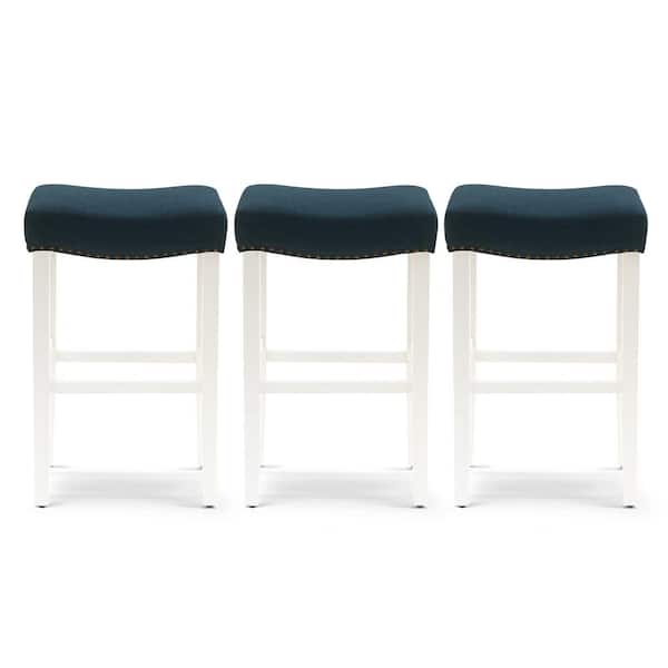 WESTINFURNITURE Jameson 29 in. Bar Height Antique White Wood Backless Nail Head Trim Barstool, Navy Blue Linen Saddle Seat (Set of 3)