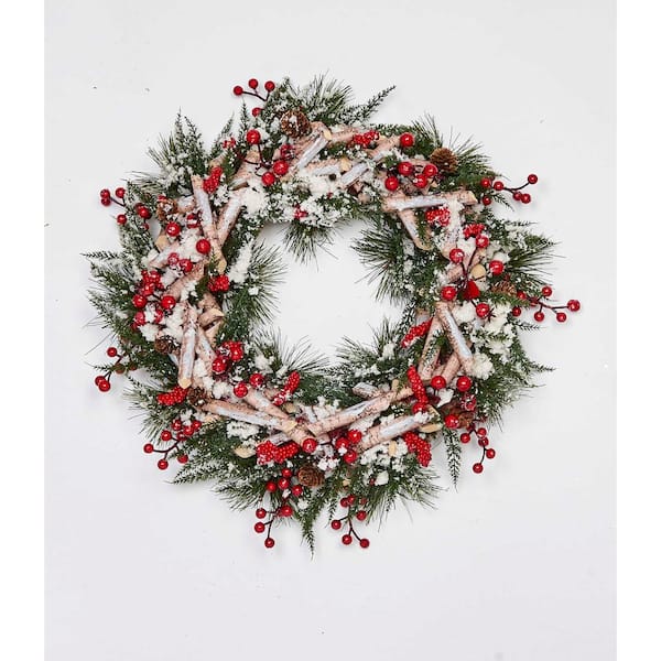 Unbranded 17 in. Artificial Birch Log Wreath with Pinecones Cotton and Berries