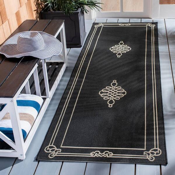 Courtyard Black/Cream 2 ft. x 7 ft. Border Indoor/Outdoor Patio  Runner Rug