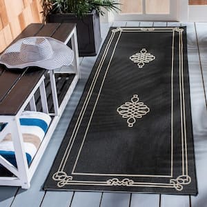 Courtyard Black/Cream 3 ft. x 8 ft. Border Indoor/Outdoor Patio  Runner Rug