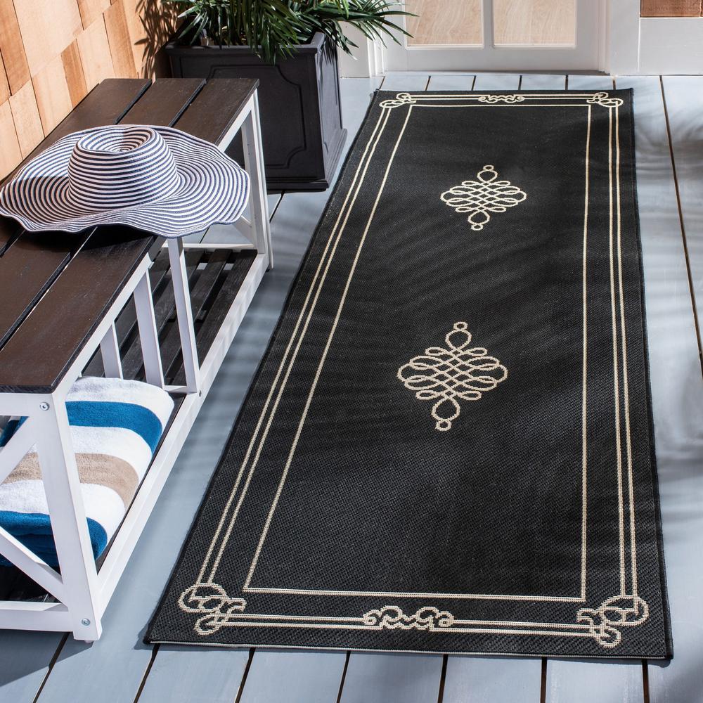 Courtyard Black/Creme 2 ft. x 10 ft. Ornate Border Medallion Indoor/Outdoor Runner Rug