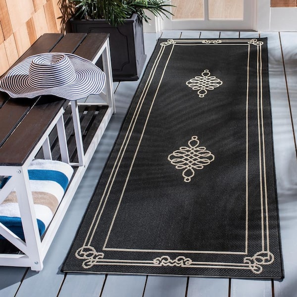 Courtyard Black/Creme 2 ft. x 12 ft. Ornate Border Medallion Indoor/Outdoor Runner Rug