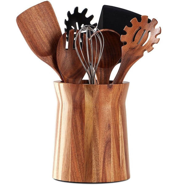 360 Degree Rotating Acacia Wood Kitchen Utensil Holder, 7.2 x 6 in Large Countertop Crock for Farmhouse Decor