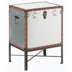 Silver Trimmed Faux Leather Lockable Square Lined Storage Trunk, End Table on Metal Stand