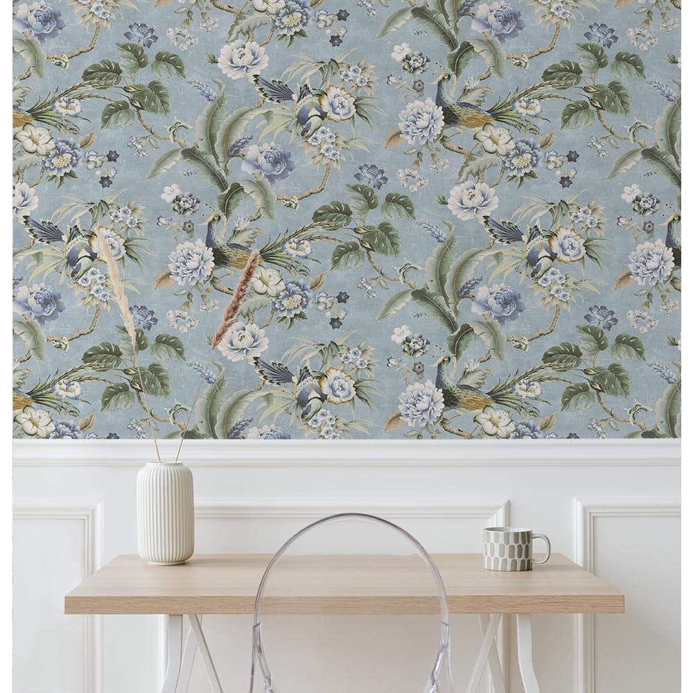 Blue and Charcoal Vinyl Floral Peel and Stick Wallpaper