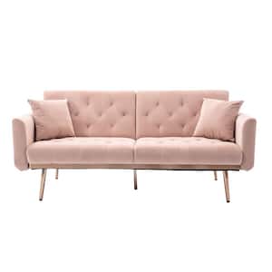63.77 in Wide Light Pink Velvet Upholstered 2-Seater Convertible Sofa Bed with Golden Metal Legs