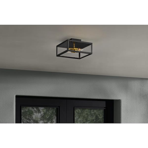 Marion 12 in. 2-Light Black Outdoor Ceiling Light Flush Mount Light with Clear Glass Shade