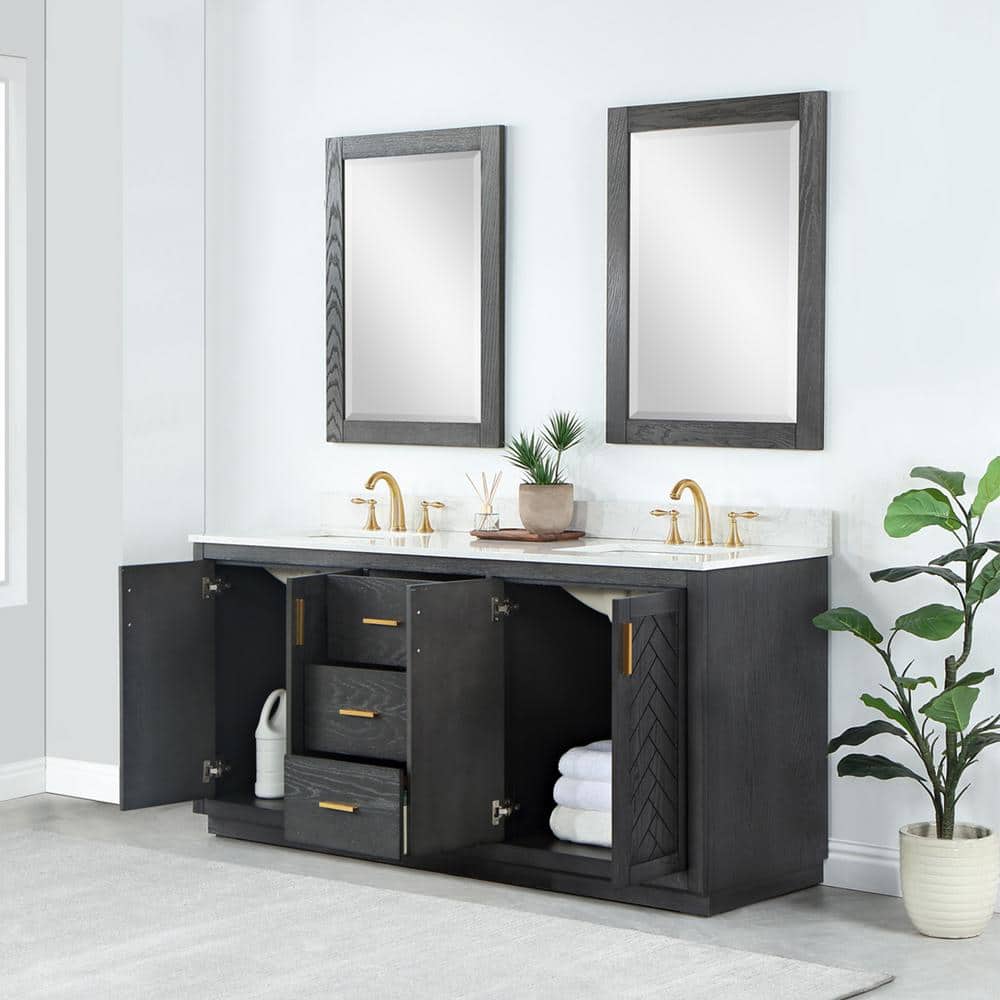 Gazsi 72" Brown Oak Double Bathroom Vanity with Composite Stone Top