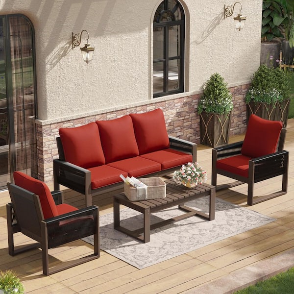 4-Piece Light Walnut Wood Wicker Outdoor Patio Conversation Seating Set with Red Cushions