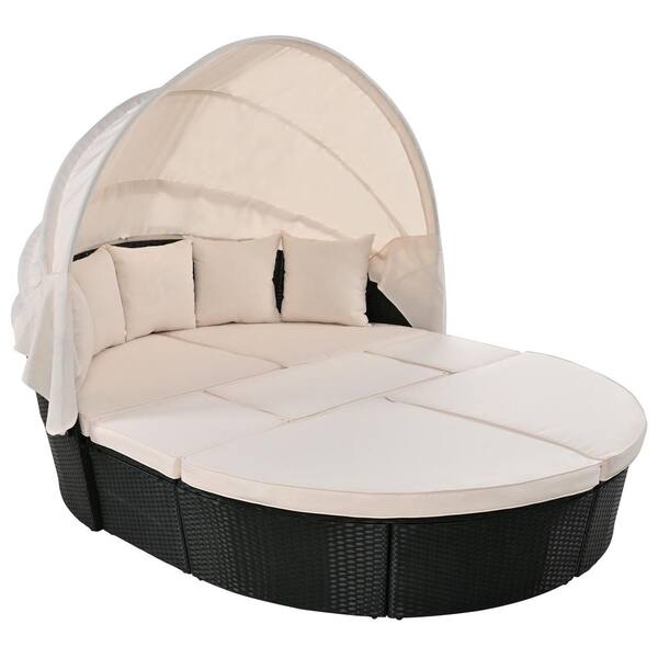 Unbranded Wicker Outdoor Day Bed with Retractable Canopy, Patio Round Outdoor Sectional Sofa Set with Waterproof Beige Cushions