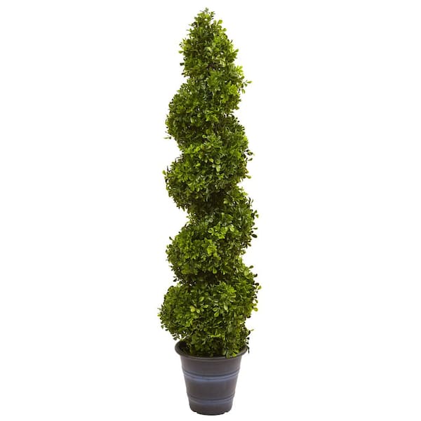 Nearly Natural Indoor and Outdoor 48 in. Artificial Boxwood Spiral Topiary with Planter