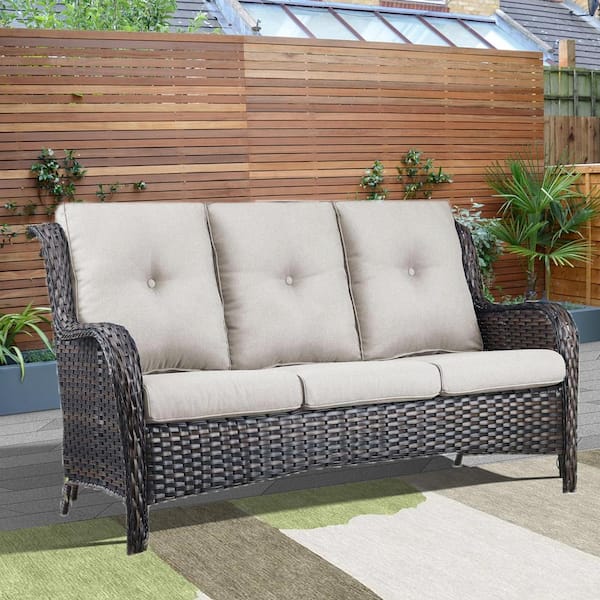 Gymojoy Larocca Brown Metal Wicker Outdoor 3-Seat Couch Patio Sectional Sofa with CushionGuard Beige Cushions
