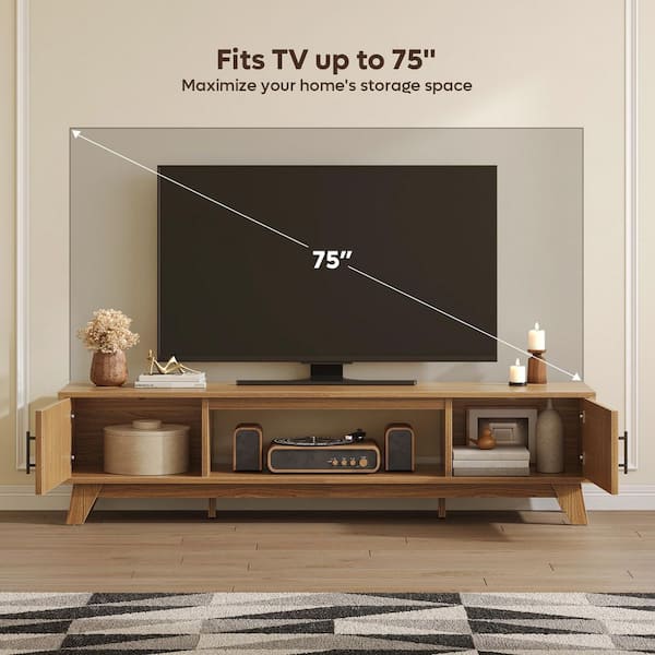 Bestier 70 in. Mid-Century Modern Brown Oak Wood TV Stand Fits TVs