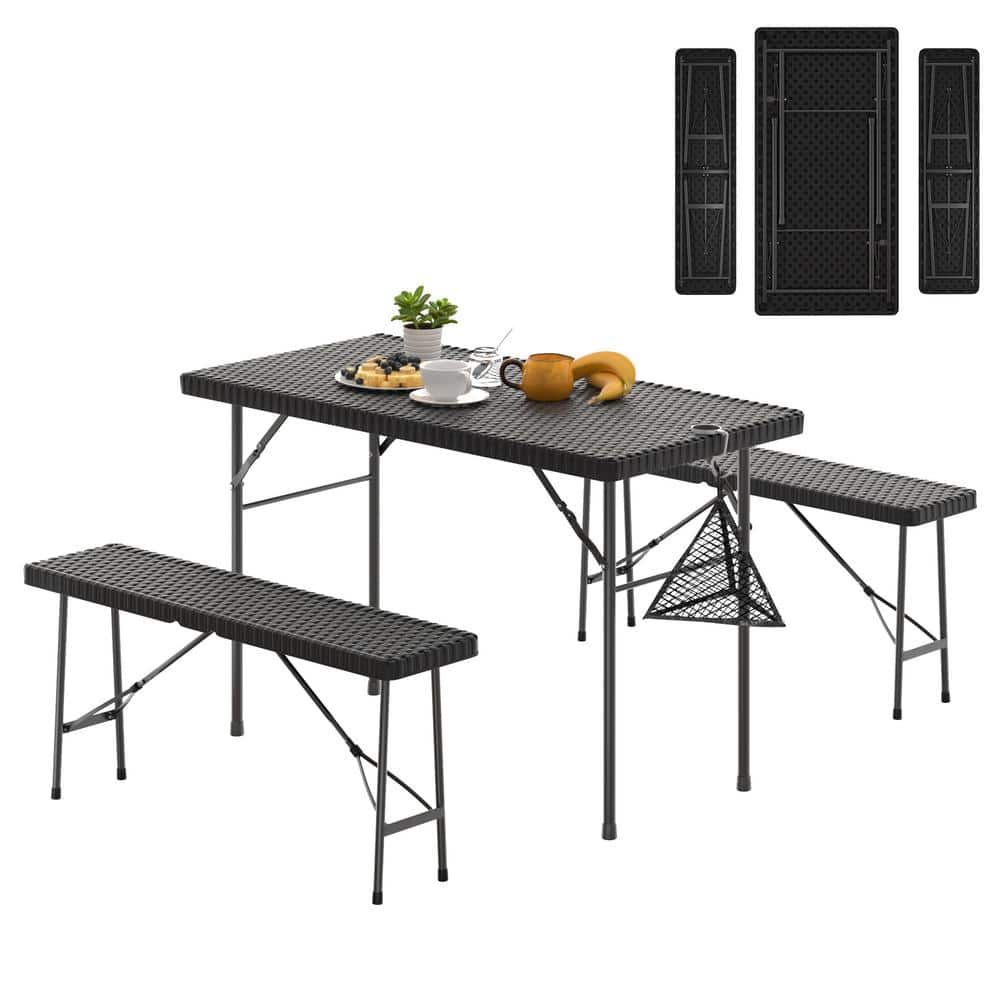 VECELO 3-Piece Folding Table Set, Folding Table With 2-Benches, 47.2 In ...