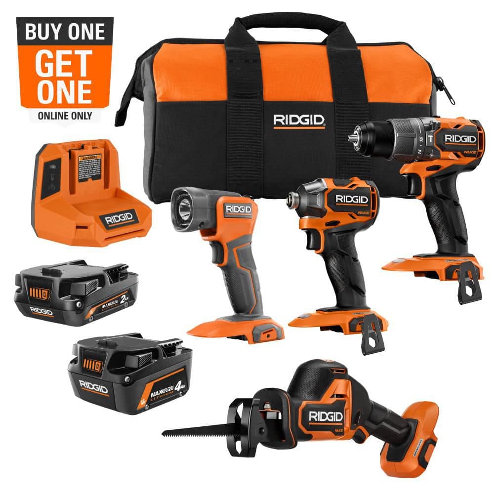 Ridgid 18V NUKE SubCompact Brushless Cordless 4-Tool Combo Kit with 2Ah MAX Output Battery, 4Ah MAX Output Battery, & Charger