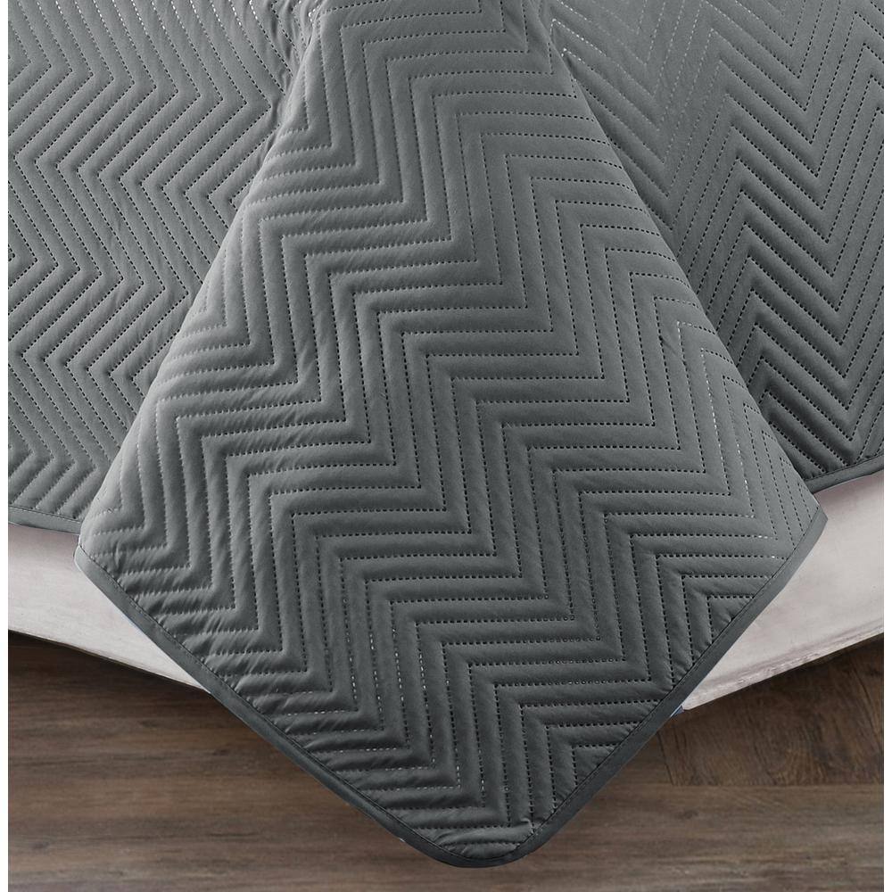 Charcoal King Reversible Microfiber Quilt Set with Chevron Stitch